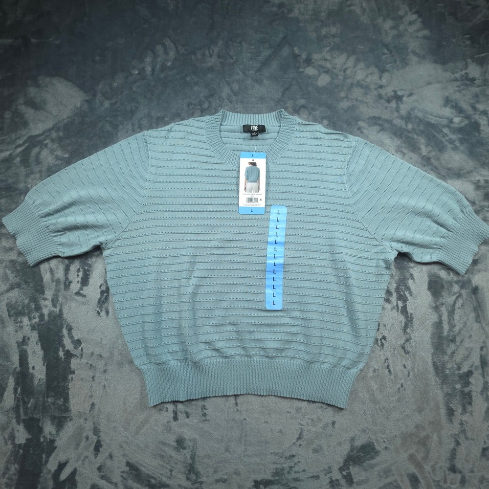 Frye Women Aqua Blue Pointelle Knit Short Sleeve Crew Neck Sweater Large NWT